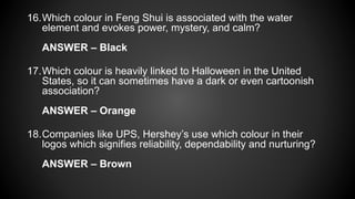16.Which colour in Feng Shui is associated with the water
element and evokes power, mystery, and calm?
ANSWER – Black
17.Which colour is heavily linked to Halloween in the United
States, so it can sometimes have a dark or even cartoonish
association?
ANSWER – Orange
18.Companies like UPS, Hershey’s use which colour in their
logos which signifies reliability, dependability and nurturing?
ANSWER – Brown
 