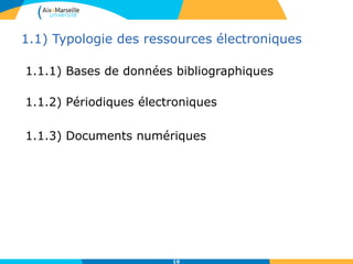 1.1) Typologie des ressources électroniques
1.1.1) Bases de données bibliographiques
1.1.2) Périodiques électroniques
1.1.3) Documents numériques
10
 