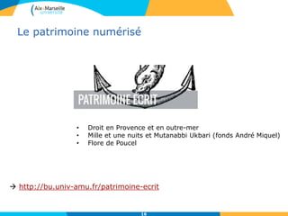 Le patrimoine numérisé
16
 http://bu.univ-amu.fr/patrimoine-ecrit
• Droit en Provence et en outre-mer
• Mille et une nuits et Mutanabbi Ukbari (fonds André Miquel)
• Flore de Poucel
 