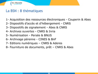 La BSN : 8 thématiques
1- Acquisition des ressources électroniques - Couperin & Abes
2- Dispositifs d’accès et d’hébergement - CNRS
3- Dispositifs de signalement - Abes & CNRS
4- Archives ouvertes - CNRS & Inria
5- Numérisation - Persée & BNUS
6- Archivage pérenne - CINES & BnF
7- Editions numériques – CNRS & Aderes
8- Fourniture de documents, prêt – CNRS & Abes
36
 