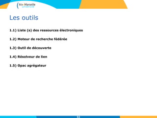 Les outils
1.1) Liste (s) des ressources électroniques
1.2) Moteur de recherche fédérée
1.3) Outil de découverte
1.4) Résolveur de lien
1.5) Opac agrégateur
52
 