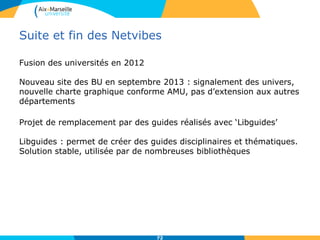 Suite et fin des Netvibes
Fusion des universités en 2012
Nouveau site des BU en septembre 2013 : signalement des univers,
nouvelle charte graphique conforme AMU, pas d’extension aux autres
départements
Projet de remplacement par des guides réalisés avec ‘Libguides’
Libguides : permet de créer des guides disciplinaires et thématiques.
Solution stable, utilisée par de nombreuses bibliothèques
72
 