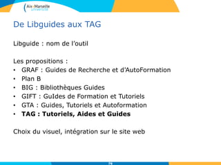De Libguides aux TAG
Libguide : nom de l’outil
Les propositions :
• GRAF : Guides de Recherche et d’AutoFormation
• Plan B
• BIG : Bibliothèques Guides
• GIFT : GuIdes de Formation et Tutoriels
• GTA : Guides, Tutoriels et Autoformation
• TAG : Tutoriels, Aides et Guides
Choix du visuel, intégration sur le site web
76
 