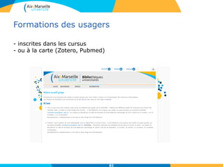 Formations des usagers
- inscrites dans les cursus
- ou à la carte (Zotero, Pubmed)
82
 