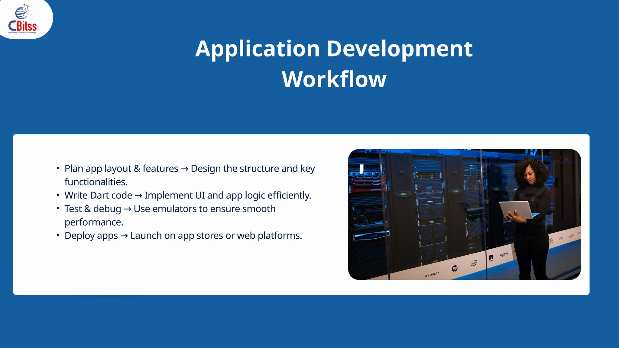 Application Development
Workflow
• Plan app layout & features Design the structure and key
→
functionalities.
• Write Dart code Implement UI and app logic efficiently.
→
• Test & debug Use emulators to ensure smooth
→
performance.
• Deploy apps Launch on app stores or web platforms.
→
 