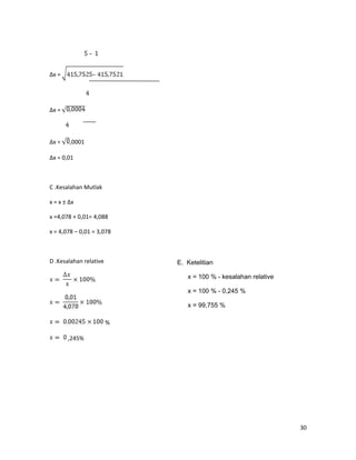 ∆x =
∆x =
∆x = ,0001
∆x = 0,01
C .Kesalahan Mutlak
x = x ± ∆x
x =4,078 + 0,01= 4,088
x = 4,078 – 0,01 = 3,078
D .Kesalahan relative
%
,245%
30
E. Ketelitian
x = 100 % - kesalahan relative
x = 100 % - 0,245 %
x = 99,755 %
 
