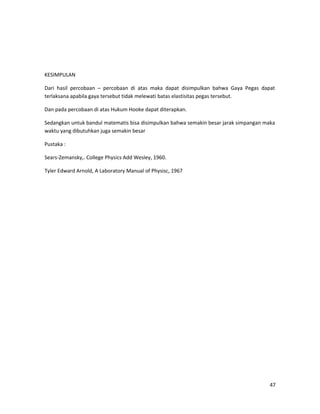 KESIMPULAN
Dari hasil percobaan – percobaan di atas maka dapat disimpulkan bahwa Gaya Pegas dapat
terlaksana apabila gaya tersebut tidak melewati batas elastisitas pegas tersebut.
Dan pada percobaan di atas Hukum Hooke dapat diterapkan.
Sedangkan untuk bandul matematis bisa disimpulkan bahwa semakin besar jarak simpangan maka
waktu yang dibutuhkan juga semakin besar
Pustaka :
Sears-Zemansky,. College Physics Add Wesley, 1960.
Tyler Edward Arnold, A Laboratory Manual of Physisc, 1967
47
 