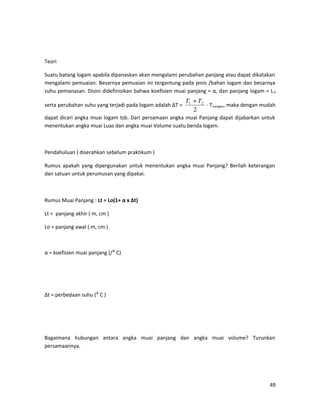 Teori
Suatu batang logam apabila dipanaskan akan mengalami perubahan panjang atau dapat dikatakan
mengalami pemuaian. Besarnya pemuaian ini tergantung pada jenis /bahan logam dan besarnya
suhu pemanasan. Disini didefinisikan bahwa koefisien muai panjang = α, dan panjang logam = L0
serta perubahan suhu yang terjadi pada logam adalah ΔT =
2
21 TT +
- Truangan, maka dengan mudah
dapat dicari angka muai logam tsb. Dari persamaan angka muai Panjang dapat dijabarkan untuk
menentukan angka muai Luas dan angka muai Volume suatu benda logam.
Pendahuluan ( diserahkan sebelum praktikum )
Rumus apakah yang dipergunakan untuk menentukan angka muai Panjang? Berilah keterangan
dan satuan untuk perumusan yang dipakai.
Rumus Muai Panjang : Lt = Lo(1+ α x Δt)
Lt = panjang akhir ( m, cm )
Lo = panjang awal ( m, cm )
α = koefisien muai panjang (/⁰ C)
Δt = perbedaan suhu (⁰ C )
Bagaimana hubungan antara angka muai panjang dan angka muai volume? Turunkan
persamaannya.
49
 