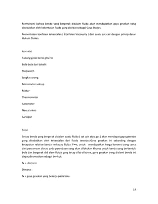 Memahami bahwa benda yang bergerak didalam fluida akan mendapatkan gaya gesekan yang
disebabkan oleh kekentalan fluida yang disebut sebagai Gaya Stokes.
Menentukan koefisien kekentalan ( Coefisien Viscousity ) dari suatu zat cair dengan prinsip dasar
Hukum Stokes.
Alat-alat
Tabung gelas berisi gliserin
Bola-bola dari bakelit
Stopwatch
Jangka sorong
Micrometer sekrup
Mistar
Thermometer
Aerometer
Nerca teknis
Saringan
Teori
Setiap benda yang bergerak didalam suatu fluida ( zat cair atau gas ) akan mendapat gaya gesekan
yang disebabkan oleh kekentalan dari fluida tersebut.Gaya gesekan ini sebanding dengan
kecepatan relative benda terhadap fluida. F∞v, untuk mendapatkan harga konversi yang sama
dari persamaan diatas pada percobaan yang akan dilakukan khusus untuk benda yang berbentuk
bola dan bergerak did alam fluida yang tetap sifat-sifatnya, gaya gesekan yang dialami benda ini
dapat dirumuskan sebagai berikut:
fx = -6πηrv∞
Dimana :
fx = gaya gesekan yang bekerja pada bola
57
 