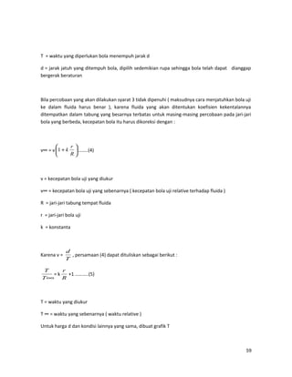 T = waktu yang diperlukan bola menempuh jarak d
d = jarak jatuh yang ditempuh bola, dipilih sedemikian rupa sehingga bola telah dapat dianggap
bergerak beraturan
Bila percobaan yang akan dilakukan syarat 3 tidak dipenuhi ( maksudnya cara menjatuhkan bola uji
ke dalam fluida harus benar ), karena fluida yang akan ditentukan koefisien kekentalannya
ditempatkan dalam tabung yang besarnya terbatas untuk masing-masing percobaan pada jari-jari
bola yang berbeda, kecepatan bola itu harus dikoreksi dengan :
v∞ = v 





+
R
r
k1 ……..(4)
v = kecepatan bola uji yang diukur
v∞ = kecepatan bola uji yang sebenarnya ( kecepatan bola uji relative terhadap fluida )
R = jari-jari tabung tempat fluida
r = jari-jari bola uji
k = konstanta
Karena v =
T
d
, persamaan (4) dapat dituliskan sebagai berikut :
∞T
T
= k
R
r
+1 ………..(5)
T = waktu yang diukur
T ∞ = waktu yang sebenarnya ( waktu relative )
Untuk harga d dan kondisi lainnya yang sama, dibuat grafik T
59
 