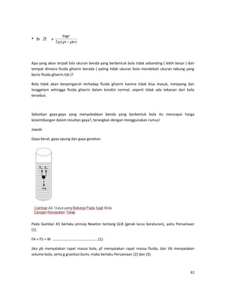 * Tr 2 =
)(2
9
og
d
ρρ
η
−
Apa yang akan terjadi bila ukuran benda yang berbentuk bola tidak sebanding ( lebih besar ) dari
tempat dimana fluida gliserin berada ( paling tidak ukuran bola mendekati ukuran tabung yang
berisi fluida gliserin tsb )?
Bola tidak akan berpengaruh terhadap fluida gliserin karena tidak bisa masuk, melayang dan
tenggelam sehingga fluida gliserin dalam kondisi normal, seperti tidak ada tekanan dari bola
tersebut.
Sebutkan gaya-gaya yang menyebabkan benda yang berbentuk bola itu mencapai harga
keseimbangan dalam resultan gaya?, terangkan dengan menggunakan rumus!
Jawab:
Gaya berat, gaya apung dan gaya gesekan.
Pada Gambar A5 berlaku prinsip Newton tentang GLB (gerak lurus beraturan), yaitu Persamaan
(1).
FA + FS = W ………………………………………….(1)
Jika ρb menyatakan rapat massa bola, ρf menyatakan rapat massa fluida, dan Vb menyatakan
volume bola, serta g gravitasi bumi, maka berlaku Persamaan (2) dan (3).
61
 
