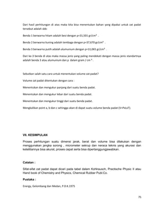 Dari hasil perhitungan di atas maka kita bisa menentukan bahan yang dipakai untuk zat padat
tersebut adalah sbb:
Benda 1 berwarna hitam adalah besi dengan ρ=31,501 gr/cm³ .
Benda 2 berwarna kuning adalah tembaga dengan ρ=37,670 gr/cm³ .
Benda 3 berwarna putih adalah alumunium dengan ρ=11,065 gr/cm³ .
Dari ke-3 benda di atas maka massa jenis yang paling mendekati dengan massa jenis standartnya
adalah benda 3 atau alumunium dan ρ dalam gram / cm ³ .
Sebutkan salah satu cara untuk menentukan volume zat padat?
Volume zat padat ditentukan dengan cara :
Menentukan dan mengukur panjang dari suatu benda padat.
Menentukan dan mengukur lebar dari suatu benda padat.
Menentukan dan mengukur tinggi dari suatu benda padat.
Mengkalikan point a, b dan c sehingga akan di dapat suatu volume benda padat (V=PxLxT).
VII. KESIMPULAN
Proses perhitungan suatu dimensi jarak, berat dan volume bisa dilakukan dengan
menggunakan jangka sorong , micrometer sekrup dan neraca teknis yang akurasi dan
ketelitiannya bisa akurat, proses cepat serta bisa dipertanggungjawabkan.
Catatan :
Sifat-sifat zat padat dapat dicari pada tabel dalam Kohlrausch, Practische Physic II atau
Hand book of Chemistry and Physics, Chemical Rubber Publ.Co.
Pustaka :
Energy, Gelombang dan Medan, P.D.K.1975
75
 