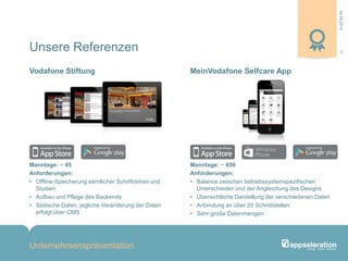04.09.2013
Unternehmenspräsentation
17
Manntage: ~ 45
Anforderungen:
• Offline-Speicherung sämtlicher Schriftreihen und
Studien
• Aufbau und Pflege des Backends
• Statische Daten, jegliche Veränderung der Daten
erfolgt über CMS
Manntage: ~ 650
Anforderungen:
• Balance zwischen betriebssystemspezifischen
Unterschieden und der Angleichung des Designs
• Übersichtliche Darstellung der verschiedenen Daten
• Anbindung an über 20 Schnittstellen
• Sehr große Datenmengen
Vodafone Stiftung MeinVodafone Selfcare App
Unsere Referenzen
 