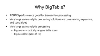 Why BigTable?
• RDBMS performance good for transaction processing
• Very large scale analytic processing solutions are com...