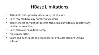 HBase Limitations
• Tables have one primary index / key , the row key
• Each row can have any number of columns
• Table sc...
