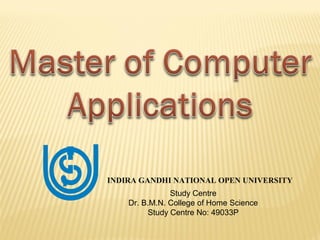 INDIRA GANDHI NATIONAL OPEN UNIVERSITY
Study Centre
Dr. B.M.N. College of Home Science
Study Centre No: 49033P
 