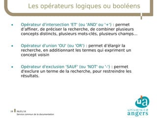 06/01/16
Service commun de la documentation
18
Les opérateurs logiques ou booléens
• Opérateur d'intersection 'ET' (ou 'AN...