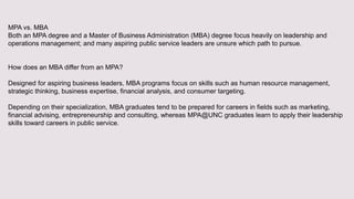 MPA vs. MBA
Both an MPA degree and a Master of Business Administration (MBA) degree focus heavily on leadership and
operat...