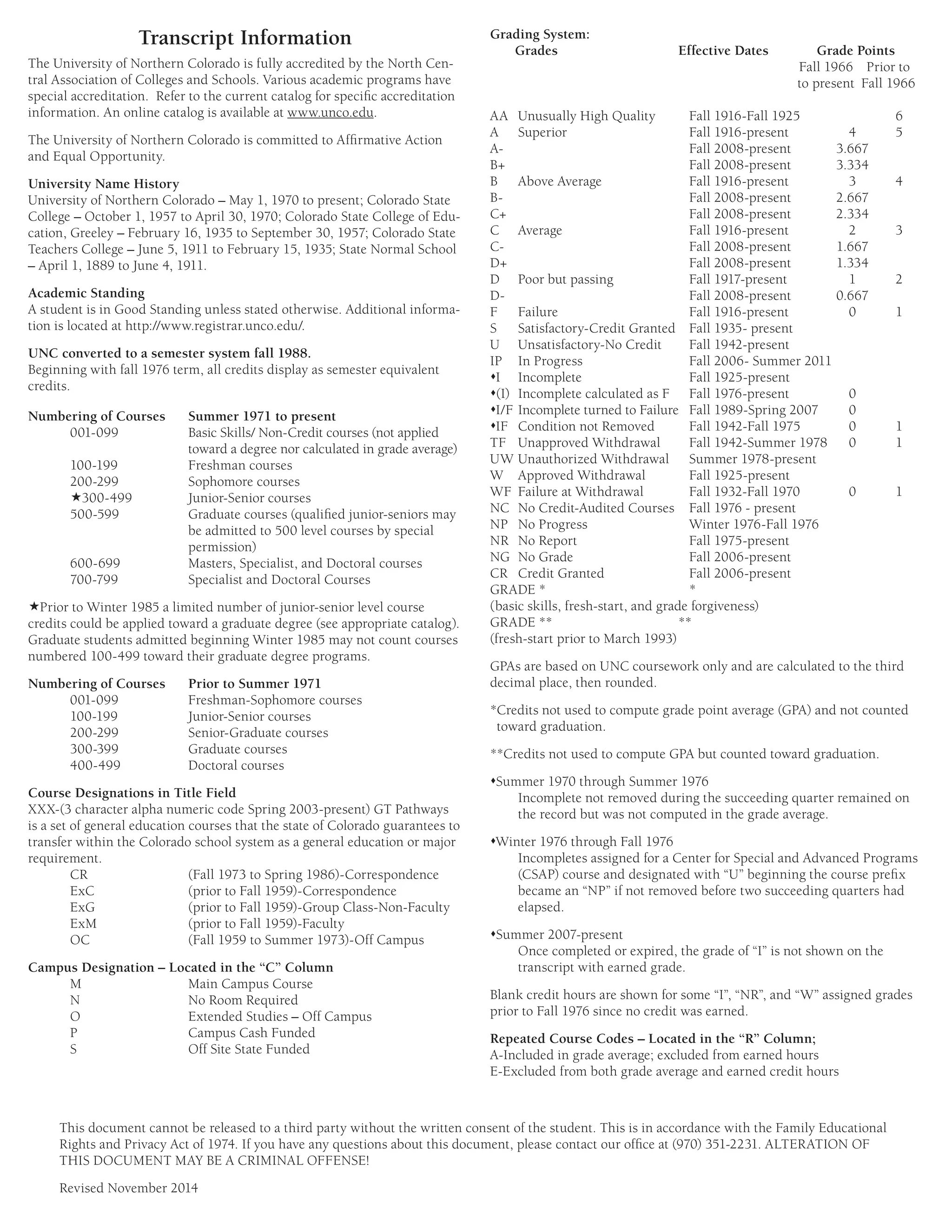 Transcript Information
The University of Northern Colorado is fully accredited by the North Cen-
tral Association of Colleges and Schools. Various academic programs have
special accreditation. Refer to the current catalog for specific accreditation
information. An online catalog is available at www.unco.edu.
The University of Northern Colorado is committed to Affirmative Action
and Equal Opportunity.
University Name History
University of Northern Colorado – May 1, 1970 to present; Colorado State
College – October 1, 1957 to April 30, 1970; Colorado State College of Edu-
cation, Greeley – February 16, 1935 to September 30, 1957; Colorado State
Teachers College – June 5, 1911 to February 15, 1935; State Normal School
– April 1, 1889 to June 4, 1911.
Academic Standing
A student is in Good Standing unless stated otherwise. Additional informa-
tion is located at http://www.registrar.unco.edu/.
UNC converted to a semester system fall 1988.
Beginning with fall 1976 term, all credits display as semester equivalent
credits.
Numbering of Courses Summer 1971 to present
001-099	
Basic Skills/ Non-Credit courses (not applied
toward a degree nor calculated in grade average)
100-199 Freshman courses
200-299 Sophomore courses
300-499 Junior-Senior courses
500-599	
Graduate courses (qualified junior-seniors may
be admitted to 500 level courses by special
permission)
600-699 Masters, Specialist, and Doctoral courses
700-799 Specialist and Doctoral Courses
Prior to Winter 1985 a limited number of junior-senior level course
credits could be applied toward a graduate degree (see appropriate catalog).
Graduate students admitted beginning Winter 1985 may not count courses
numbered 100-499 toward their graduate degree programs.
Numbering of Courses Prior to Summer 1971
001-099 Freshman-Sophomore courses
100-199 Junior-Senior courses
200-299 Senior-Graduate courses
300-399 Graduate courses
400-499 Doctoral courses
Course Designations in Title Field
XXX-(3 character alpha numeric code Spring 2003-present) GT Pathways
is a set of general education courses that the state of Colorado guarantees to
transfer within the Colorado school system as a general education or major
requirement.
CR (Fall 1973 to Spring 1986)-Correspondence
ExC (prior to Fall 1959)-Correspondence
ExG (prior to Fall 1959)-Group Class-Non-Faculty
ExM (prior to Fall 1959)-Faculty
OC (Fall 1959 to Summer 1973)-Off Campus
Campus Designation – Located in the “C” Column
M Main Campus Course
N No Room Required
O Extended Studies – Off Campus
P Campus Cash Funded
S Off Site State Funded
Grading System:
Grades Effective Dates		
Grade Points
				 Fall 1966 Prior to
				 to present Fall 1966
AA Unusually High Quality Fall 1916-Fall 1925		 6
A Superior Fall 1916-present 4 5
A-		 Fall 2008-present 3.667
B+		 Fall 2008-present 3.334
B Above Average Fall 1916-present 3 4
B-		 Fall 2008-present 2.667
C+		 Fall 2008-present 2.334
C Average Fall 1916-present 2 3
C-		 Fall 2008-present 1.667
D+		 Fall 2008-present 1.334
D Poor but passing Fall 1917-present 1 2
D-		 Fall 2008-present 0.667
F Failure Fall 1916-present 0 1
S Satisfactory-Credit Granted Fall 1935- present
U Unsatisfactory-No Credit Fall 1942-present
IP In Progress Fall 2006- Summer 2011
I Incomplete Fall 1925-present
(I) Incomplete calculated as F Fall 1976-present 0		
I/F Incomplete turned to Failure Fall 1989-Spring 2007 0
IF Condition not Removed Fall 1942-Fall 1975 0 1
TF Unapproved Withdrawal Fall 1942-Summer 1978 0 1
UW Unauthorized Withdrawal Summer 1978-present
W Approved Withdrawal Fall 1925-present
WF Failure at Withdrawal Fall 1932-Fall 1970 0 1
NC No Credit-Audited Courses Fall 1976 - present
NP No Progress Winter 1976-Fall 1976
NR No Report Fall 1975-present
NG No Grade Fall 2006-present
CR Credit Granted Fall 2006-present		
GRADE * *
(basic skills, fresh-start, and grade forgiveness)
GRADE ** **
(fresh-start prior to March 1993)
GPAs are based on UNC coursework only and are calculated to the third
decimal place, then rounded.
*
Credits not used to compute grade point average (GPA) and not counted
toward graduation.
**Credits not used to compute GPA but counted toward graduation.
Summer 1970 through Summer 1976
	
Incomplete not removed during the succeeding quarter remained on
the record but was not computed in the grade average.
Winter 1976 through Fall 1976
	
Incompletes assigned for a Center for Special and Advanced Programs
(CSAP) course and designated with “U” beginning the course prefix
became an “NP” if not removed before two succeeding quarters had
elapsed.
Summer 2007-present
	
Once completed or expired, the grade of “I” is not shown on the
transcript with earned grade.
Blank credit hours are shown for some “I”, “NR”, and “W” assigned grades
prior to Fall 1976 since no credit was earned.
Repeated Course Codes – Located in the “R” Column;
A-Included in grade average; excluded from earned hours
E-Excluded from both grade average and earned credit hours
This document cannot be released to a third party without the written consent of the student. This is in accordance with the Family Educational
Rights and Privacy Act of 1974. If you have any questions about this document, please contact our office at (970) 351-2231. ALTERATION OF
THIS DOCUMENT MAY BE A CRIMINAL OFFENSE!
Revised November 2014
-
C
o
p
y
o
f
O
f
f
i
c
i
a
l
T
r
a
n
s
c
r
i
p
t
-
 