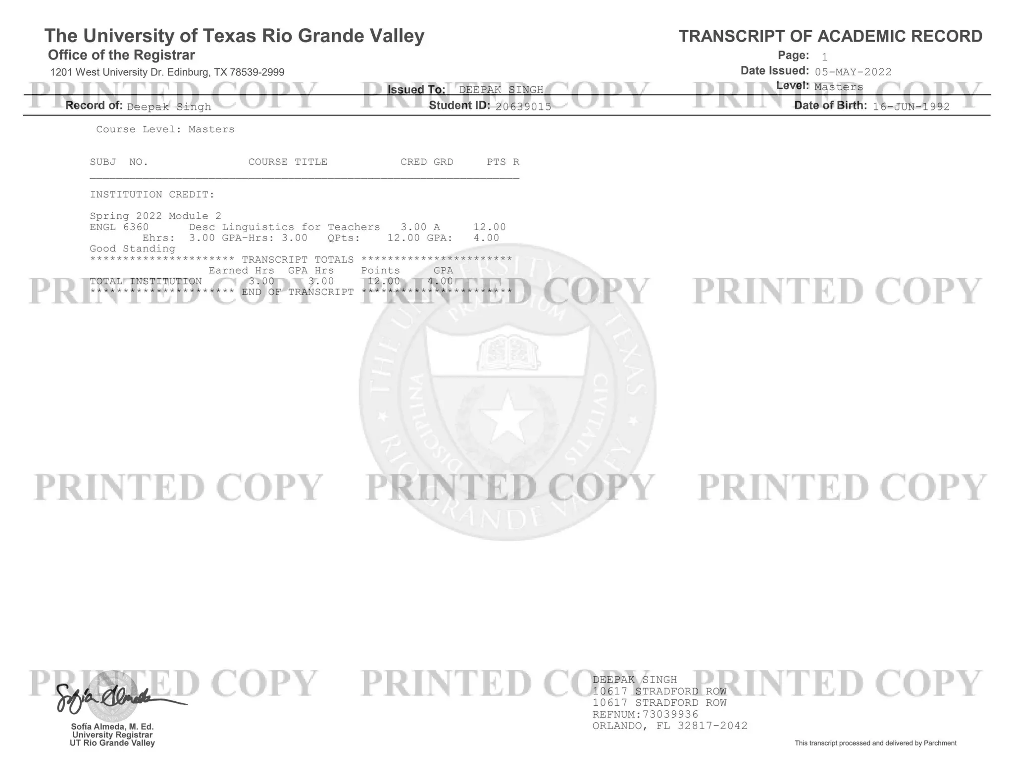 Master of Science in Education 18 Hours in TESOL and English Transcripts of Deepak (Danny) Singh