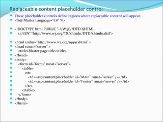Replaceable content placeholder control
 These placeholder controls define regions where replaceable content will appear.
 <%@ Master Language="C#" %>
 <!DOCTYPE html PUBLIC "-//W3C//DTD XHTML
 1.1//EN" "http://www.w3.org/TR/xhtml11/DTD/xhtml11.dtd">
 <html xmlns="http://www.w3.org/1999/xhtml" >
 <head runat="server" >
 <title>Master page title</title>
 </head>
 <body>
 <form id="form1" runat="server">
 <table>
 <tr>
 <td><asp:contentplaceholder id="Main" runat="server" /></td>
 <td><asp:contentplaceholder id="Footer" runat="server" /></td>
 </tr>
 </table>
 </form>
 </body>
 </html>
 