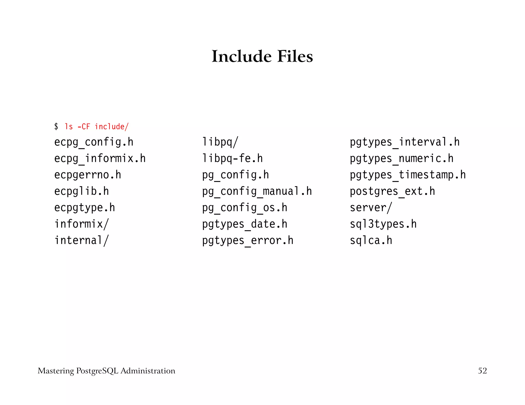 Include Files



    $ ls -CF include/
    ecpg_config.h                     libpq/               pgtypes_interval.h
    ecpg_informix.h                   libpq-fe.h           pgtypes_numeric.h
    ecpgerrno.h                       pg_config.h          pgtypes_timestamp.h
    ecpglib.h                         pg_config_manual.h   postgres_ext.h
    ecpgtype.h                        pg_config_os.h       server/
    informix/                         pgtypes_date.h       sql3types.h
    internal/                         pgtypes_error.h      sqlca.h




Mastering PostgreSQL Administration                                              52
 