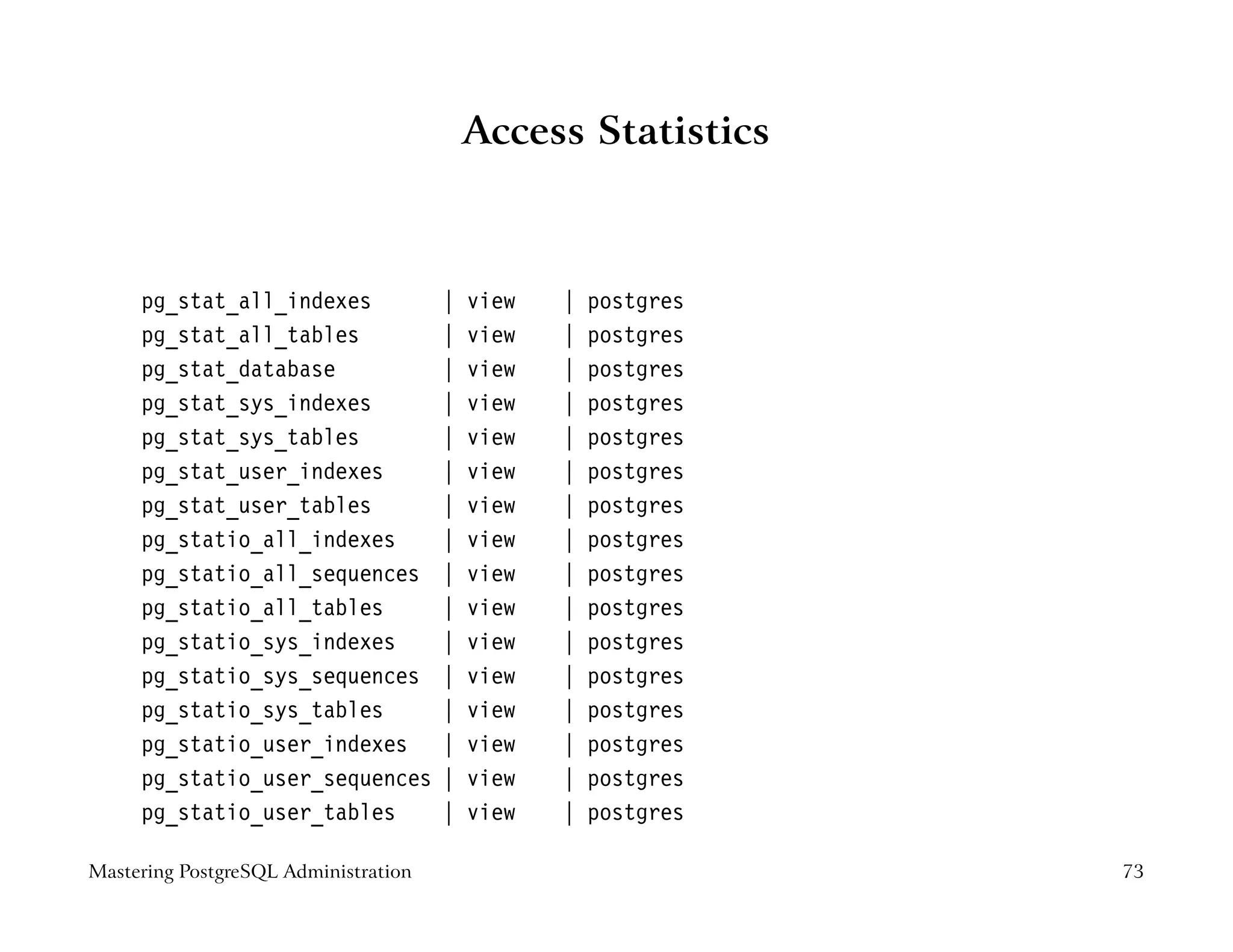 Access Statistics



     pg_stat_all_indexes              |   view   |   postgres
     pg_stat_all_tables               |   view   |   postgres
     pg_stat_database                 |   view   |   postgres
     pg_stat_sys_indexes              |   view   |   postgres
     pg_stat_sys_tables               |   view   |   postgres
     pg_stat_user_indexes             |   view   |   postgres
     pg_stat_user_tables              |   view   |   postgres
     pg_statio_all_indexes            |   view   |   postgres
     pg_statio_all_sequences          |   view   |   postgres
     pg_statio_all_tables             |   view   |   postgres
     pg_statio_sys_indexes            |   view   |   postgres
     pg_statio_sys_sequences          |   view   |   postgres
     pg_statio_sys_tables             |   view   |   postgres
     pg_statio_user_indexes           |   view   |   postgres
     pg_statio_user_sequences         |   view   |   postgres
     pg_statio_user_tables            |   view   |   postgres

Mastering PostgreSQL Administration                             73
 