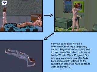 For your edification, here is a flowchart of simRoxy’s pregnancy habits.  Regardless of what I try to do to take care of her, she continues to be the World’s Worst Pregnant Sim.  And yes, no sooner was little Andy born and promptly ditched on the carpet than these two have gotten to work on number 7. 