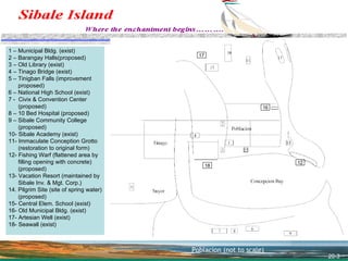 INFRASTRUCTURES Poblacion (not to scale) 1 – Municipal Bldg. (exist) 2 – Barangay Halls(proposed) 3 – Old Library (exist) 4 – Tinago Bridge (exist)  5 – Tinigban Falls (improvement  proposed) 6 – National High School (exist) 7 -  Civix & Convention Center  (proposed) 8 – 10 Bed Hospital (proposed) 9 – Sibale Community College   (proposed) 10- Sibale Academy (exist) 11- Immaculate Conception Grotto (restoration to original form) 12- Fishing Warf (flattened area by filling opening with concrete) (proposed) 13- Vacation Resort (maintained by Sibale Inv. & Mgt. Corp.) 14. Pilgrim Site (site of spring water)   (proposed) 15- Central Elem. School (exist) 16- Old Municipal Bldg. (exist) 17- Artesian Well (exist) 18- Seawall (exist) 12 17 16 18 20-3 