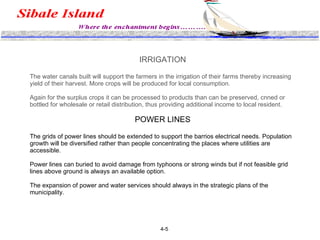 IRRIGATION The water canals built will support the farmers in the irrigation of their farms thereby increasing yield of their harvest. More crops will be produced for local consumption. Again for the surplus crops it can be processed to products than can be preserved, cnned or bottled for wholesale or retail distribution, thus providing additional income to local resident. POWER LINES The grids of power lines should be extended to support the barrios electrical needs. Population growth will be diversified rather than people concentrating the places where utilities are accessible. Power lines can buried to avoid damage from typhoons or strong winds but if not feasible grid lines above ground is always an available option. The expansion of power and water services should always in the strategic plans of the municipality. WATER DISTRIBUTION SYSTEM 4-5 