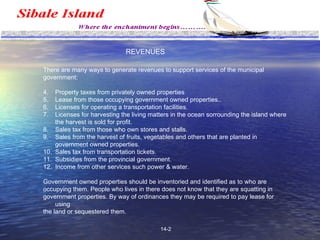 BANKING & FINANCE There are many ways to generate revenues to support services of the municipal  government: Property taxes from privately owned properties Lease from those occupying government owned properties.. Licenses for operating a transportation facilities. Licenses for harvesting the living matters in the ocean sorrounding the island where the harvest is sold for profit. Sales tax from those who own stores and stalls. Sales from the harvest of fruits, vegetables and others that are planted in government owned properties. Sales tax from transportation tickets. Subsidies from the provincial government. Income from other services such power & water. Government owned properties should be inventoried and identified as to who are occupying them. People who lives in there does not know that they are squatting in government properties. By way of ordinances they may be required to pay lease for using the land or sequestered them.  REVENUES 14-2 
