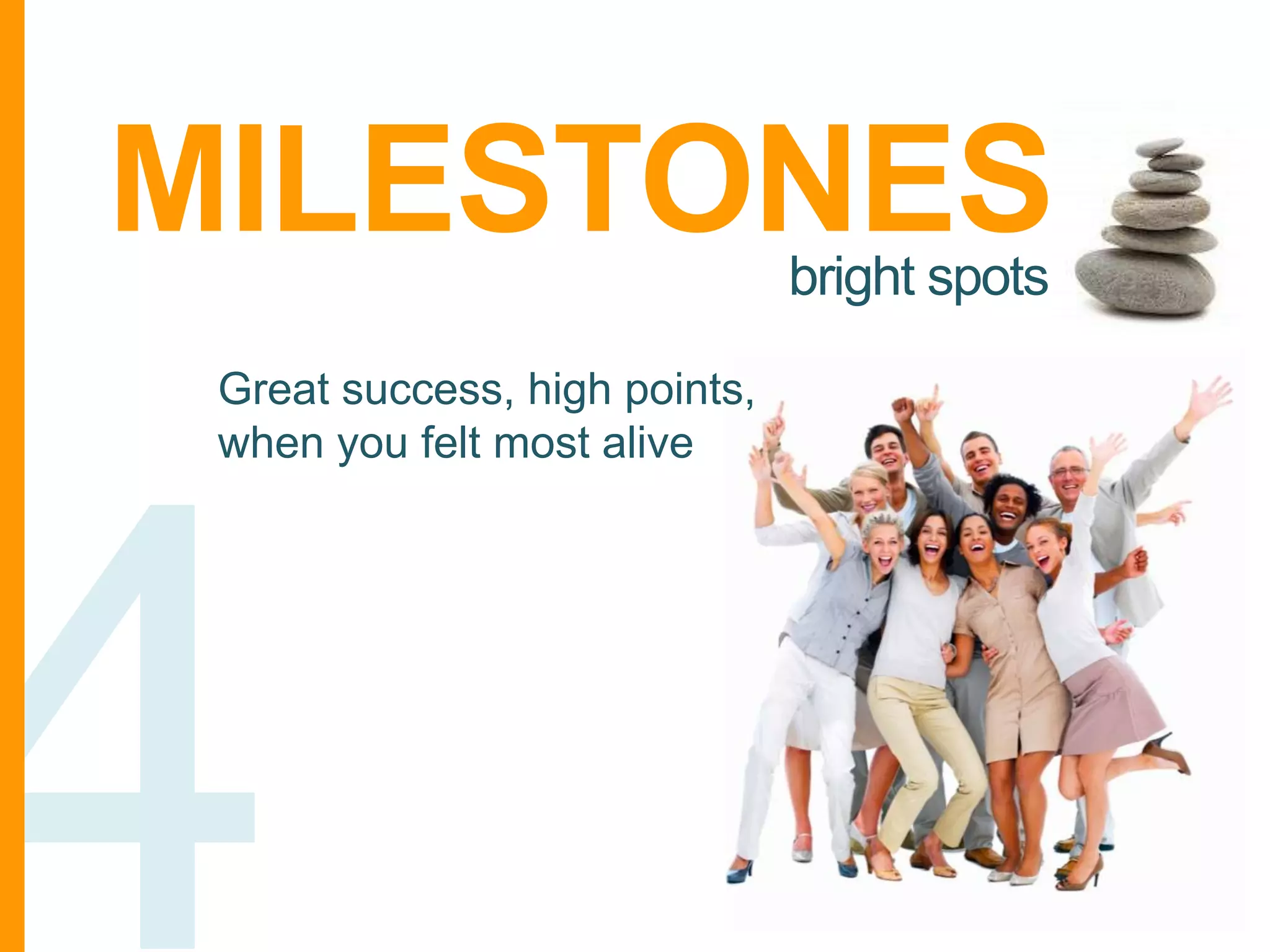 MILESTONES
bright spots

Great success, high points,
when you felt most alive

 