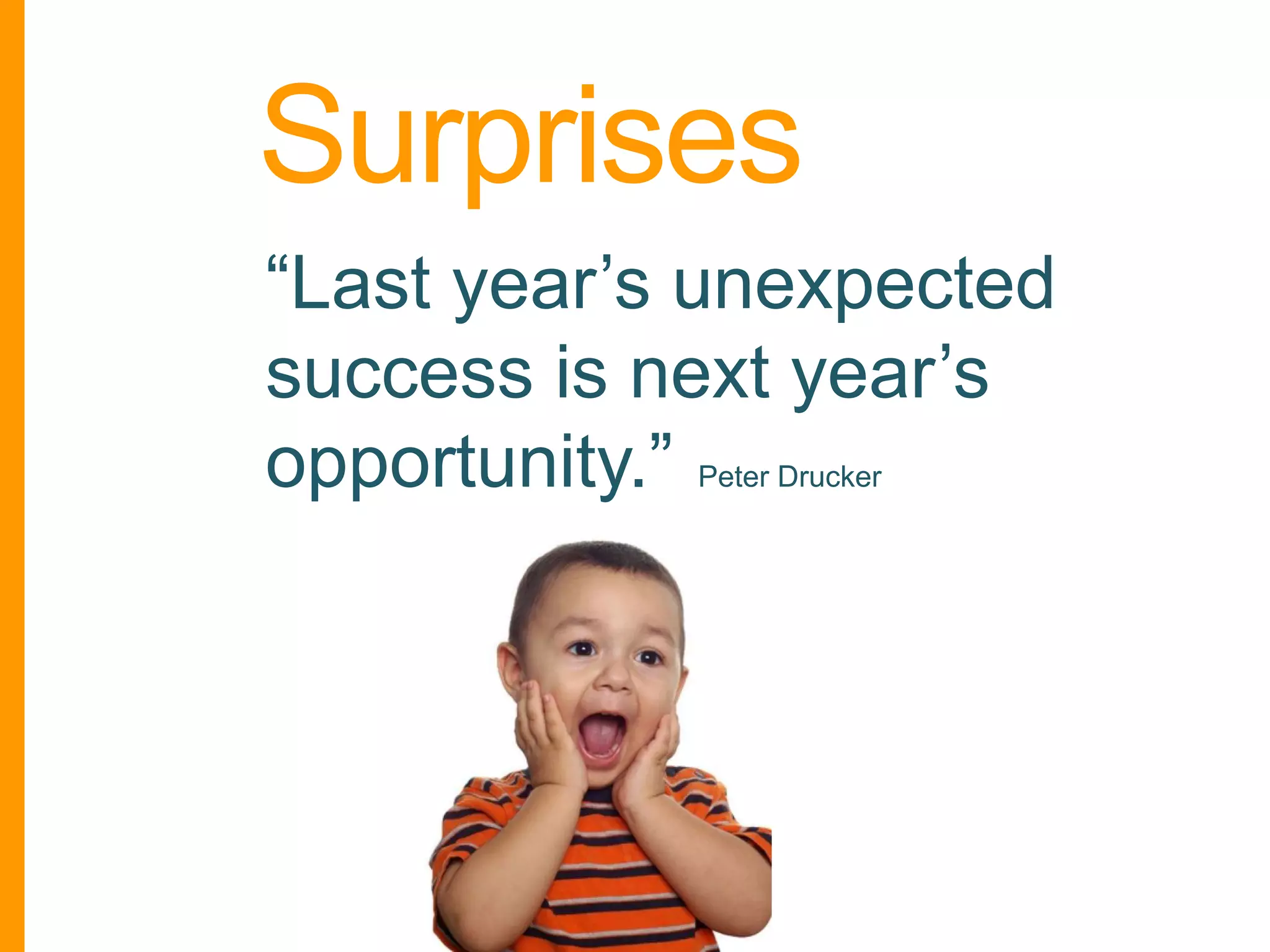 Surprises
“Last year’s unexpected
success is next year’s
opportunity.”
Peter Drucker

 