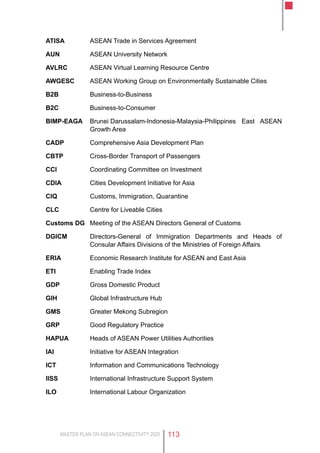 MASTER PLAN ON ASEAN CONNECTIVITY 2025 113
ATISA	 ASEAN Trade in Services Agreement
AUN	 ASEAN University Network
AVLRC	 ASEAN Virtual Learning Resource Centre
AWGESC	 ASEAN Working Group on Environmentally Sustainable Cities
B2B	Business-to-Business
B2C	Business-to-Consumer
BIMP-EAGA	 Brunei Darussalam-Indonesia-Malaysia-Philippines East ASEAN
Growth Area
CADP	 Comprehensive Asia Development Plan
CBTP	 Cross-Border Transport of Passengers
CCI	 Coordinating Committee on Investment
CDIA	 Cities Development Initiative for Asia
CIQ	 Customs, Immigration, Quarantine
CLC	 Centre for Liveable Cities
Customs DG	 Meeting of the ASEAN Directors General of Customs
DGICM	 Directors-General of Immigration Departments and Heads of
Consular Affairs Divisions of the Ministries of Foreign Affairs
ERIA	 Economic Research Institute for ASEAN and East Asia
ETI	 Enabling Trade Index
GDP	 Gross Domestic Product
GIH	 Global Infrastructure Hub
GMS	 Greater Mekong Subregion
GRP	 Good Regulatory Practice
HAPUA	 Heads of ASEAN Power Utilities Authorities
IAI	 Initiative for ASEAN Integration
ICT	 Information and Communications Technology
IISS	 International Infrastructure Support System
ILO	 International Labour Organization
 