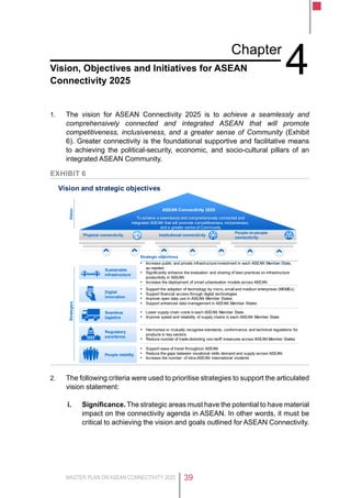 MASTER PLAN ON ASEAN CONNECTIVITY 2025 39
Chapter
4Vision, Objectives and Initiatives for ASEAN
Connectivity 2025
1.	 The vision for ASEAN Connectivity 2025 is to achieve a seamlessly and
comprehensively connected and integrated ASEAN that will promote
competitiveness, inclusiveness, and a greater sense of Community (Exhibit
6). Greater connectivity is the foundational supportive and facilitative means
to achieving the political-security, economic, and socio-cultural pillars of an
integrated ASEAN Community.
Exhibit 6
2.	 The following criteria were used to prioritise strategies to support the articulated
vision statement:
i.	 Significance. The strategic areas must have the potential to have material
impact on the connectivity agenda in ASEAN. In other words, it must be
critical to achieving the vision and goals outlined for ASEAN Connectivity.
Vision and strategic objectives
People mobility
▪ Support the adoption of technology by micro, small and medium enterprises (MSMEs)
▪ Support financial access through digital technologies
▪ Improve open data use in ASEAN Member States
▪ Support enhanced data management in ASEAN Member States
Digital
innovation
▪ Harmonise or mutually recognise standards, conformance, and technical regulations for
products in key sectors
▪ Reduce number of trade-distorting non-tariff measures across ASEAN Member States
Regulatory
excellence
▪ Support ease of travel throughout ASEAN
▪ Reduce the gaps between vocational skills demand and supply across ASEAN
▪ Increase the number of intra-ASEAN international students
▪ Lower supply chain costs in each ASEAN Member State
▪ Improve speed and reliability of supply chains in each ASEAN Member State
Seamless
logistics
▪ Increase public and private infrastructure investment in each ASEAN Member State,
as needed
▪ Significantly enhance the evaluation and sharing of best practices on infrastructure
productivity in ASEAN
▪ Increase the deployment of smart urbanisation models across ASEAN
Sustainable
infrastructure
Strategic objectives
To achieve a seamlessly and comprehensively connected and
integrated ASEAN that will promote competitiveness, inclusiveness,
and a greater sense of Community
ASEAN Connectivity 2025
Physical connectivity Institutional connectivity
People-to-people
connectivity
StrategiesVision
 