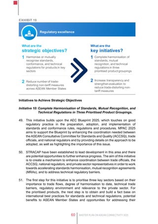 MASTER PLAN ON ASEAN CONNECTIVITY 202560
Exhibit 19
Regulatory excellence
What are the
strategic objectives?
What are the
key initiatives?
Harmonise or mutually
recognise standards,
conformance, and technical
regulations for products in key
sectors
Complete harmonisation of
standards, mutual
recognition, and technical
regulations in three
prioritised product groupings
1 1
Reduce number of trade-
distorting non-tariff measures
across ASEAN Member States
2 Increase transparency and
strengthen evaluation to
reduce trade-distorting non-
tariff measures
2
Initiatives to Achieve Strategic Objectives
Initiative 10:	Complete Harmonisation of Standards, Mutual Recognition, and
Technical Regulations in Three Prioritised Product Groupings.
49.	 This initiative builds upon the AEC Blueprint 2025, which touches on good
regulatory practice in the preparation, adoption, and implementation of
standards and conformance rules, regulations and procedures. MPAC 2025
aims to support the Blueprint by enhancing the coordination needed between
the ASEAN Consultative Committee for Standards and Quality (ACCSQ), trade
officials, and national regulators and by providing details on the approach to be
adopted, as well as highlighting the importance of this issue.
50.	 STRACAP have been established to lead development in this area and there
are potential opportunities to further enhance progress. The aim of this initiative
is to create a mechanism to enhance coordination between trade officials, the
ACCSQ, national regulators, and private sector representatives in order to work
towards accelerating standards harmonisation, mutual recognition agreements
(MRAs), and to address technical regulatory barriers.
51.	 The first step for this initiative is to prioritise three key sectors based on their
importance to trade flows, degree of harmonisation to date, technical trade
barriers, regulatory environment and relevance to the private sector. For
the prioritised products, the next step is to obtain and build a fact base on
international best practices for standards and technical regulations, potential
benefits to ASEAN Member States and opportunities for addressing their
 