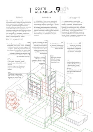 C O R T E
A C C A D E M I A
Struttura
1.1 - L’edificio presenta nel complesso un sistema
distributivo a manica doppia con corridoio centrale
e vani scala posizionati negli angoli. Nonostante
siano state fortemente danneggiate durante il
secondo conflitto mondiale, le strutture conservano
ancora elementi di interesse, in particolare il
sistema strutturale a fulcri tardo ottocentesco della
manica verso i giardini, le sale auliche e lo scalone
nell’angolo nord e la volta al pian terreno della
manica sud-est. L’ultimo piano e il sottotetto sono
frutto di sopraelevazioni post belliche.
Potenziale
1.2 - Gli ambienti al piano terreno, caratterizzati
da ambienti voltati, presentano un potenziale per
funzioni aperte a pubblico. In particolare la rotonda
centrale è ambiente di distribuzione di tutte le corti
del complesso della Cavallerizza e a tal scopo sarà
conservata. Gli ambienti dei piani superiori risultano
adatti alla funzione di residenza collettiva in ragione
del loro impianto distributivo e della possibilità
di trasformazione dell’ultimo piano e del piano
sottotetto.
Usi suggeriti
1.3 - L’insieme edilizio, a motivo della
sovrapposizione di un sistema cellulare e di un
insieme di grandi aule, offre una vocazione
particolare verso funzioni residenziali temporanee
o funzioni di carattere terziario (quali ad esempio
uffici pbblici e privati, sedi di attività amministrative,
attività culturali, attività per il tempo libero e
l‘istruzione). Gli ambienti del piano terreno, in
particolare le due maniche che si innestano sulla
rotonda centrale e il padiglione della scherma, sono
vocati a funzioni di carattere collettivo.
Vincoli e possibilità
1.4.9
Vincolo di conservazione della
rotonda nel suo insieme.
Possibilità di realizzazione di
volumi minori all’interno del
volume virtuale individuato
dall’estrusione della rotonda.
1.4.7
Possibilità di realizzazione di
un vano scala nella porzione
adiacente alla rotonda della
manica sud-ovest.
1.4.5
Vincolo di ripristino dell’aula
al piano terreno della manica
perpendicolare ai giardini e
conseguente demolizione delle
strutture all’interno del suo
volume con recupero delle
superfici in altre porzioni
dell’immobile
1.4.3
Vincolo di conservazione del sistema strutturale
su fulcri della manica verso i giardini. Possibilità
di realizzare partizioni interne ai vari piani e di
allargare le aperture del piano terreno verso la
corte interna e verso i giardini, nel rispetto della
conformazione della struttura.
Possibilità di realizzare un vano scala nella
porzione della manica a fulcri, in adiacenza ad
uno degli angoli della corte.
1
1.4.1
Vincolo di conservazione del sistema
di aule voltate sovrapposte, nonchè
della scala aulica e della scala di servizio
adiacenti.
Possibilità di aprire un collegamento
dalla corte interna verso la piazzetta
Mollino.
1.4.4
Possibilità di realizzare
abbaini in asse con la
scansione di facciata su tutte
le coperture eccetto le falde
lato giardini.
1.4.6
Vincolo di ripristino
dell’aula voltata al
piano terreno della
manica sud-ovest.
1.4.8
Possibilità di realizzazione di
un volume di collegamento tra
il padiglione della scherma e
il piano terreno della manica
sud-ovest.
Possibilità di modificare le falde
della copertura del padiglione
della scherma.1.4.2
Possibilità di riorganizzazione
della distribuzione degli ultimi
due piani nel rispetto della
volumetria esistente.
 