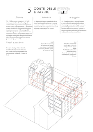 C O R T E D E L L E
G U A R D I E
Struttura
5.1 - L’edificio presenta un impianto a “C”. Nella
manica perpendicolare alla via Verdi, al grande
ambiente voltato del piano terreno si sovrappongono
tre piani divisi in grandi appartamenti. L’appartamento
d’angolo presenta volte centinate e particolari storici
che andranno conservati. Nella manica parallela
alla via Verdi i piani sono organizzati attraverso una
distribuzione centrale a ridosso del muro di spina. Una
terza manica minore è stata addossata successivamente
alla cavallerizza castellamontiana. I vani scala sono
posizionati negli angoli della C.
Potenziale
5.2 - Riguardo alla manica perpendicolare alla via
Verdi, l’aula voltata del piano terreno si presta ad
usi che non ne inficino la lettura unitaria. Nei piani
superiori delle due maniche potranno essere accolte
funzioni di residenza di tipo non cellulare.
Usi suggeriti
5.3 - Il complesso edilizio si presta all’impianto
di unità residenziali tradizionali o di residenza
collettiva organizzata per piccoli appartamenti. La
grande aula al piano terreno è vocata a funzioni
collettive e di servizio alla residenza. Il sistema di
ambienti si presta particolarmente all’inserimento di
residenza collettiva di tipo non cellulare.
5.4.2
Vincolo di conservazione
dei solai lignei e delle volte
dell’appartamento al piano
nobile.
Possibilità di trasformazioni
puntuali di carattere
funzionale e conservativo e di
consolidamento delle strutture
dei solai.
5.4.1
Vincolo di conservazione
dell’unitarietà dell’aula al
piano terreno. Possibilità di
realizzazione di volumi minori
all’interno dell’aula.
5
Vincoli e possibilità
via
Verdi
Nota: i vincoli e le possibilità relativi alla
manichetta di completamento della corte
delle Guardie sono indicati per semplicità di
rappresentazione nella scheda 2 (Manica via
Verdi)
 