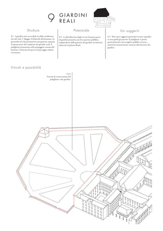 G I A R D I N I
R E A L I9
Struttura
9.1 - I giardini sono accessibili sia dalla cavallerizza
che dal viale 1° Maggio. Il dislivello del bastione e la
passerella sul viale permettono una gestione separata
di questa parte del complesso dei giardini reali. Il
padiglione posizionato sulla propaggine estrema del
bastione è elemento di spicco nel paesaggio urbano
circostante.
Potenziale
9.2 - La distribuzione degli accessi di questa parte
di giardini permette una loro apertura pubblica
indipendente dalla gestione dei giardini sui bastioni
adiacenti al palazzo Reale.
Usi suggeriti
9.3 - Non sono suggeriti particolari usi per i giardini
se non quelli già previsti. Il padiglione si presta
particolarmente ad accogliere pubblici esercizi e
attività di manutenzione connessi alla fruizione dei
giardini.
Vincoli e possibilità
9.4.1
Vincolo di conservazione del
padiglione e dei giardini.
 