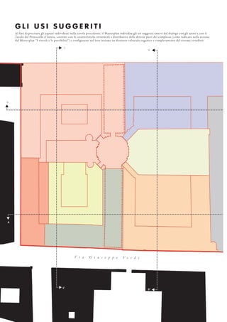 G L I U S I S U G G E R I T I
Al fine di precisare gli aspetti individuati nella tavola precedente, il Masterplan individua gli usi suggeriti emersi dal dialogo con gli attori e con il
Tavolo del Protocollo d’Intesa, coerenti con le caratteristiche strutturali e distributive delle diverse parti del complesso (come indicato nella sezione
del Masterplan “I vincoli e le possibilità”) e configuranti nel loro insieme un distretto culturale organico a completamento del sistema cittadino.
B
A
C
D
C’
D’
V i a G i u s e p p e V e r d i
 