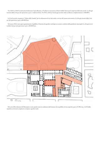 Nel corso della redazione del Masterplan si sono quindi create le condizioni alla fruizione ad uso pubblico di una superficie pari a 25.590,4 mq - 62,3% della
superficie territoriale complessiva (compresi i giardini reali).
Tra il 2015 e il 2016 la città ha decartolarizzato l’aula alfieriana, e l’ha data in concessione al Teatro Stabile Torino per la riapertura della sala teatrale. La cifra già
investita dalla Città per tale operazione è pari a 1 milione di Euro. Tra 2015 e 2016 la Città ha già investito sulla Cavallerizza complessivamente 1.500.000 €.
La Città ha anche riacquisito il “Salone delle Guardie” per la realizzazione di un’aula studio a servizio del sistema universitario. La cifra già investita dalla Città
per tale operazione è pari a 400.000 Euro.
Nel marzo 2016 è stato aperto gratuitamente al pubblico il bastione dei giardini reali dopo un restauro condotto dalle giardinerie municipali. La cifra già investi-
ta dalla Città per tale operazione è pari a 100.000 Euro.
 
