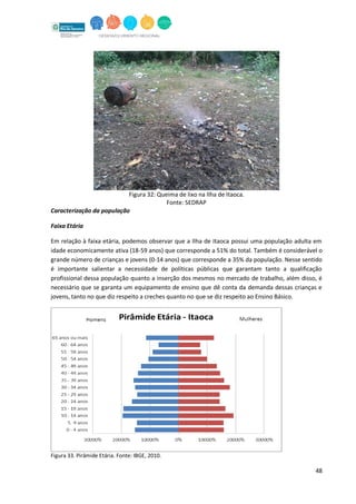 48
Figura 32: Queima de lixo na Ilha de Itaoca.
Fonte: SEDRAP
Caracterização da população
Faixa Etária
Em relação à faixa etária, podemos observar que a Ilha de Itaoca possui uma população adulta em
idade economicamente ativa (18-59 anos) que corresponde a 51% do total. Também é considerável o
grande número de crianças e jovens (0-14 anos) que corresponde a 35% da população. Nesse sentido
é importante salientar a necessidade de políticas públicas que garantam tanto a qualificação
profissional dessa população quanto a inserção dos mesmos no mercado de trabalho, além disso, é
necessário que se garanta um equipamento de ensino que dê conta da demanda dessas crianças e
jovens, tanto no que diz respeito a creches quanto no que se diz respeito ao Ensino Básico.
Figura 33. Pirâmide Etária. Fonte: IBGE, 2010.
 