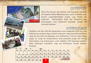  
Master Plan Kawasan dan Perdesaan yang berperspektif kepulauan
dan adaptif perubahan iklim/kebencanaan yang bisa dijadikan acuan
bersama; pengeimplementasian program yang sistemik dan
kolaboratif; Kepemimpinan Muda (the Champions) yang
berkemampuan sesuai karakteristik (sosiologik, ekologik dan
ekonomik) kepulauan.
 
 
Pengelolaan nilai alam (nilai alam dipergunakan untuk menggantikan SDA) dan ruang
hidup Kawasan perdesaan dapat menjamin keselamatan warga, daya pulih produktifitas
warga dan daya pulih jasa lingkungan secara berkelanjutan. Utamanya dalam bidang
pangan, air, energy dan matapencaharian untuk pemenuhan pangan dan sandang;
Kepemimpinan yang berkemampuan untuk melakukan ‘Self Organizing Capability’
dalam membangun kemandirian warga dan keberlanjutan kawasan perdesaan
kepulauan.
OUTCOME
OUTPUT
8
 