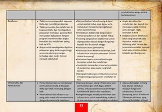  
produktivitas warga secara 
berkelanjutan). 
 
Kesehatan • Tidak semua masyarakat kawasan 
Delta Api memiliki jamkesmas 
• Tidak semua ibu‐ibu melahirkan di 
kawasan Delta Api mendapatkan 
pelayanan memadai, padahal KLU 
merupakan kabupaten dengan 
program meminimalkan angka 
kematian ibu melahirkan paling 
baik se NTB 
• Biaya untuk mendapatkan fasilitas 
pelayanan yang baik sangat tinggi, 
sementara ketergantungan 
terhadap obat medis (kimia) 
menjadi kebutuhan 
• Memanfaatkan lahan kosong di desa 
untuk apotek hidup skala desa, serta 
melakukan manajemen pengelolaan 
lahan apotek hidup 
• Pendidikan dokter cilik dengan obat 
herbal yang berasal dari apotek hidup 
• Training pengolahan obat herbal untuk 
dipergunakan sesuai dengan fungsinya  
kepada ibu‐ibu rumah tangga 
• Perluasan akses jamkesmas 
• Perluasan akses kesehatan lainnya, baik 
infrastruktur maupun pelayanan (missal: 
dokter kampong) 
• Perluasan layana minimalisasi angka 
kematian untuk ibu melahirkan 
• Invetarisir sarana dan prasaran kesehatan 
di puskesmas atau pustu yang telah 
berdiri  
• Mengoptimalkan peran Obudsman untuk 
emnginvestigasi pelayanan kesehatan di 
KLU 
• Angka kematian ibu 
melahirkan dan bayi di KLU 
mencapai angka minimal 
sama dengan nagka 
terendah di NTB 
• Kebijkan sistem kesehatan 
lokal yang berpihak pada 
masrakat miskin dan 
didukung oleh Sarana dan 
prasrana kesehatan menjadi 
salah satu prioritas dalam  
kebijakn pembangunan . 
 
Infrastruktu dan 
Permukiman 
• Pertumbuhan dan perkembangan 
permukiman rerata di kawasan 
delta api tidak terancang dengan 
baik.  
• Permukiman dan infrastruktur 
yang pada masa lalu berkesesuiana 
dengan karakteristik ekosistem, 
• Rancang bangun ulang infrastruktur dan 
permukiman gar lebih bagus sistem 
utilitas, sirkulasi dan kesesuaian dengan 
karakteristik pesisir dan kepulauan. 
• Pengembangan model permukiman dan 
infrastruktur untuk mendukung maksud 
di atas sekaligus untuk melakukan edukasi 
• Adanya kebijakan tentang 
tata aturan bentukan 
maupun fungsi dan 
infrastruktur hunian 
(kampung, desa) di minimal 
3 kawasan delta api yang 
dinaungi kebijakan di level 
33
 