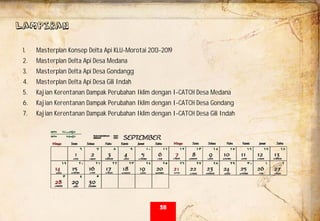  
LAMPIRAN
1. Masterplan Konsep Delta Api KLU-Morotai 2013-2019
2. Masterplan Delta Api Desa Medana
3. Masterplan Delta Api Desa Gondangg
4. Masterplan Delta Api Desa Gili Indah
5. Kajian Kerentanan Dampak Perubahan Iklim dengan I-CATCH Desa Medana
6. Kajian Kerentanan Dampak Perubahan Iklim dengan I-CATCH Desa Gondang
7. Kajian Kerentanan Dampak Perubahan Iklim dengan I-CATCH Desa Gili Indah
38
 