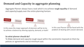 Demand and Capacity in aggregate planning
Demand Capacity
Aggregate Planner always have a task which is to achieve rough equality of demand
and capacity/supply over the entire planning horizon.
In this case Planner will be faced with the
problem of dealing with uneven demand.
In this cases the major approach of planners will be to try
to achieve a balance by altering capacity, demand, or both!
So what planner should do?
To Make demand and capacity rough equal within the constraints imposed on them by
policies or agreements and at minimum cost.
 