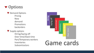 Options
Demand Options
Pricing
New
demand
Promotions
backorders
Supply options
Hiring/laying off
Over time/Slack time
Part/Temporary workers
Inventories
Subcontractors
Hiring
layingoff
backorders
Subcontract
inventory
Overtime
Game cards
 