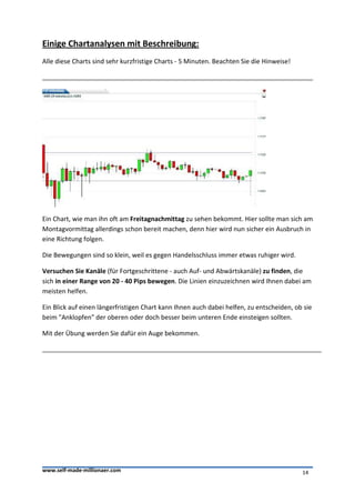 Einige Chartanalysen mit Beschreibung:
Alle diese Charts sind sehr kurzfristige Charts - 5 Minuten. Beachten Sie die Hinweise!




Ein Chart, wie man ihn oft am Freitagnachmittag zu sehen bekommt. Hier sollte man sich am
Montagvormittag allerdings schon bereit machen, denn hier wird nun sicher ein Ausbruch in
eine Richtung folgen.

Die Bewegungen sind so klein, weil es gegen Handelsschluss immer etwas ruhiger wird.

Versuchen Sie Kanäle (für Fortgeschrittene - auch Auf- und Abwärtskanäle) zu finden, die
sich in einer Range von 20 - 40 Pips bewegen. Die Linien einzuzeichnen wird Ihnen dabei am
meisten helfen.

Ein Blick auf einen längerfristigen Chart kann Ihnen auch dabei helfen, zu entscheiden, ob sie
beim "Anklopfen" der oberen oder doch besser beim unteren Ende einsteigen sollten.

Mit der Übung werden Sie dafür ein Auge bekommen.




www.self-made-millionaer.com                                                              14
 