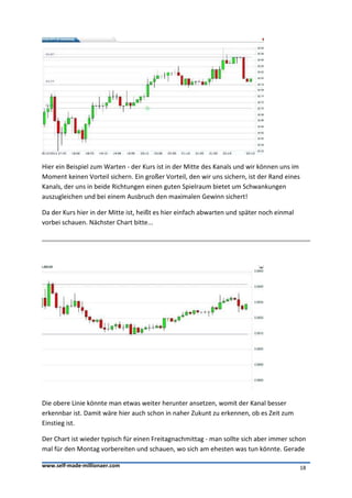 Hier ein Beispiel zum Warten - der Kurs ist in der Mitte des Kanals und wir können uns im
Moment keinen Vorteil sichern. Ein großer Vorteil, den wir uns sichern, ist der Rand eines
Kanals, der uns in beide Richtungen einen guten Spielraum bietet um Schwankungen
auszugleichen und bei einem Ausbruch den maximalen Gewinn sichert!

Da der Kurs hier in der Mitte ist, heißt es hier einfach abwarten und später noch einmal
vorbei schauen. Nächster Chart bitte...




Die obere Linie könnte man etwas weiter herunter ansetzen, womit der Kanal besser
erkennbar ist. Damit wäre hier auch schon in naher Zukunt zu erkennen, ob es Zeit zum
Einstieg ist.

Der Chart ist wieder typisch für einen Freitagnachmittag - man sollte sich aber immer schon
mal für den Montag vorbereiten und schauen, wo sich am ehesten was tun könnte. Gerade

www.self-made-millionaer.com                                                               18
 