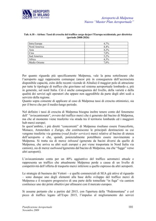 Aeroporto di Malpensa
                                                        Nuovo “Master Plan Aeroportuale”


 Tab. 6.18 – Airbus: Tassi di crescita del traffico cargo da/per l’Europa occidentale, per direttrice
                                         (periodo 2008-2026)

      Intra Europa                                                        4,7%
      Nord America                                                        4,4%
      Asia                                                                4,2%
      Cina                                                                7,0%
      Sud America                                                         5,2%
      Africa                                                              4,3%
      Medio Oriente                                                       7,0%




Per quanto riguarda più specificamente Malpensa, vale la pena sottolineare che
l’aeroporto oggi rappresenta comunque (ancor più in conseguenza dell’accresciuta
disponibile capacità, esito delle recenti vicende di Alitalia) il maggior polo di attrazione
per tutte le tipologie di traffico che gravitano sul sistema aeroportuale lombardo e, più
in generale, sul nord Italia. Ciò è anche conseguenza del livello, della varietà e della
qualità dei servizi agli operatori che appare non aggredibile da parte degli altri scali a
servizio della regione.
Quanto sopra consente di applicare al caso di Malpensa tassi di crescita ottimistici, sia
per il breve che per il medio-lungo periodo.

Nel definire i tassi di crescita di Malpensa bisogna inoltre tenere conto del fenomeno
dell’ “aviocamionato”, ovvero del traffico merci che è generato dal bacino di Malpensa,
ma che al momento viene trasferito via strada tra il territorio lombardo ed i maggiori
hub merci europei.
In quest’ambito, i più diretti “concorrenti” di Malpensa risultano essere Francoforte,
Monaco, Amsterdam e Zurigo, che costituiscono le principali destinazioni su cui
vengono trasferite via gomma (road feeder services) merci relative al bacino di utenza
dell’aeroporto e che, quindi, potenzialmente potrebbero essere movimentate a
Malpensa. Si tratta sia di merce inbound (generata da bacini diversi da quello di
Malpensa, che arriva su altri scali europei e poi viene trasportata in Nord Italia via
camion), sia di merce outbound (generata dal bacino di Malpensa, ma che “fugge” verso
altri aeroporti).

L’aviocamionato conta per un 40% aggiuntivo del traffico aeromerci attuale e
rappresenta un traffico che attualmente Malpensa perde a causa di un livello di
competitività dell’offerta di trasporto merci inferiore a quello espresso da altri aeroporti.

Le strategie di business dei Vettori – e quelle commerciali di SEA già attive al riguardo
– sono dunque uno degli elementi alla base dello sviluppo del traffico merci di
Malpensa e il recupero progressivo di una parte delle tonnellate “in fuga” via camion
costituisce uno dei primi obiettivi per allinearsi con il mercato europeo.

Si assume pertanto che a partire dal 2015, con l'apertura della “Pedemontana” e col
picco di traffico legato all’Expo 2015, l’impulso al miglioramento dei servizi


Pianificazione Aeroportuale                                                                      101
Novembre 2009
 